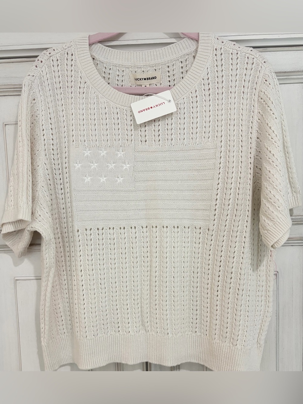 NWT SZ XL Lucky Brand Cream Knit Short-Sleeve Sweater with Flag Motif